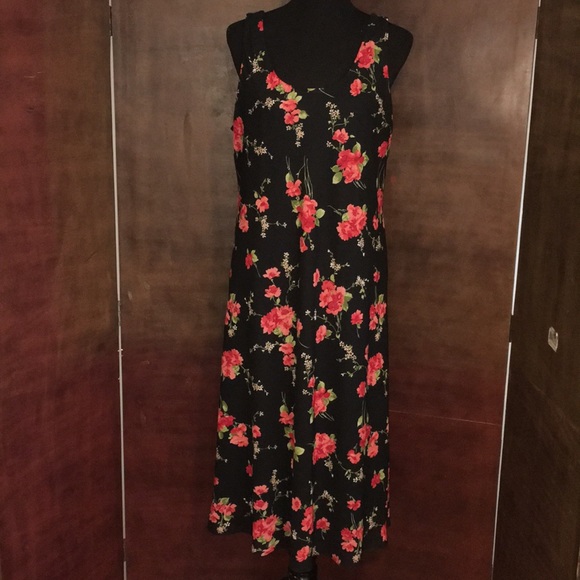 red and green floral dress